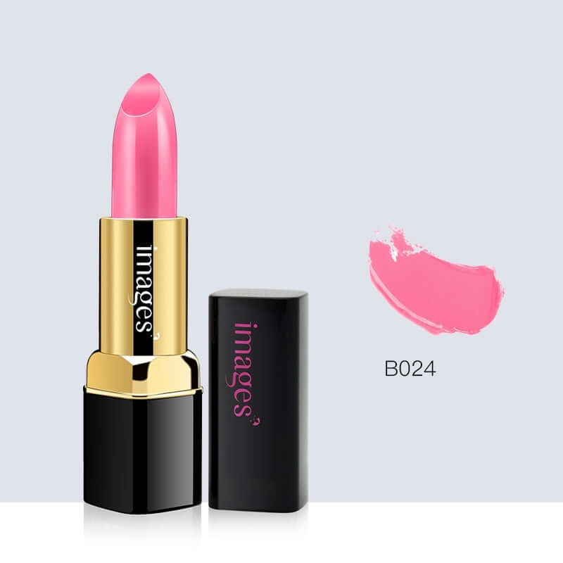 B024 Babie Pink moisturizing lipstick with a creamy finish and vibrant color, shown next to a swatch.