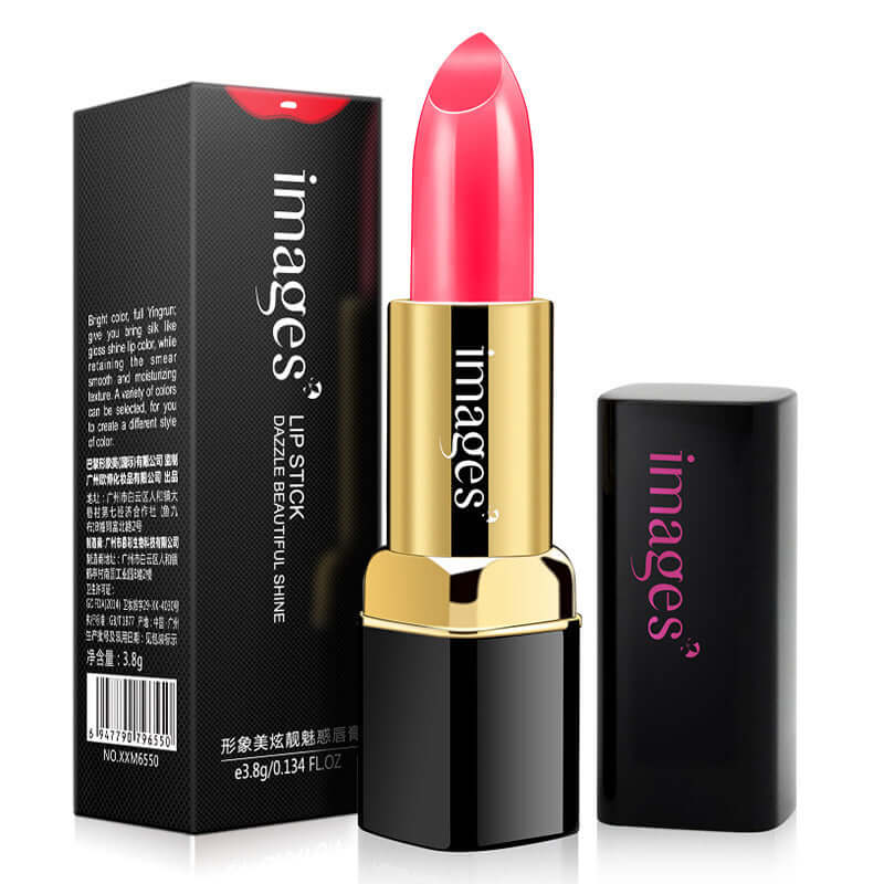 Moisturizing lipstick in bright pink shade, packaged in a stylish black and gold tube for vibrant lip color.
