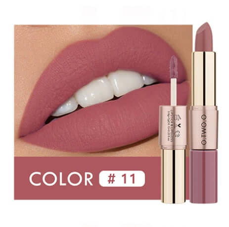 Matte lip gloss in shade #11, showcasing a full pout with long-lasting, natural color lock effect.