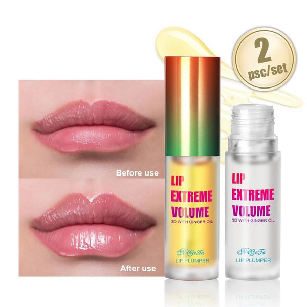 Before and after using lip plumper, showcasing enhanced lip volume and shine with ginger oil.