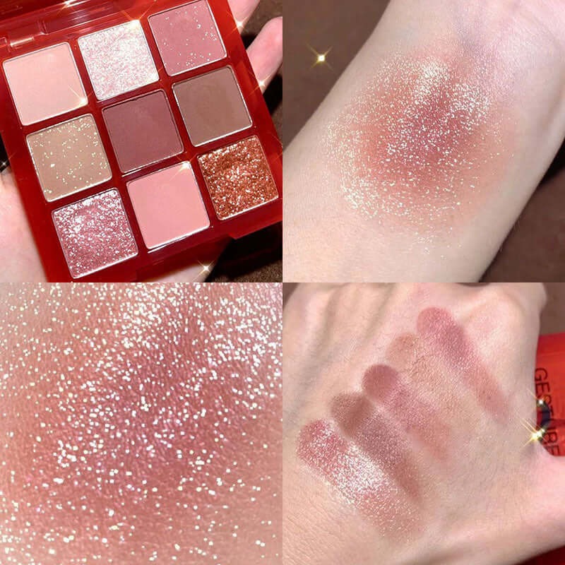 Transparent nine-color eye shadow palette with swatches showcasing shimmering shades and textures.