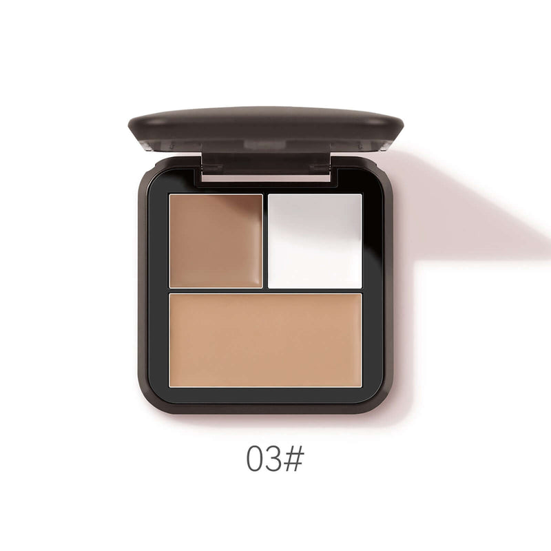Highlighter, shadow, and concealer palette with three shades in compact packaging for versatile makeup application.