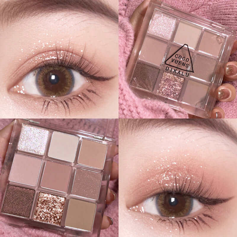 Transparent nine-color eye shadow palette featuring shades of glitter and matte, perfect for versatile makeup looks.