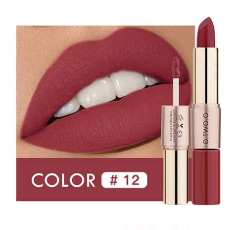Color #12 lip gloss and lipstick duo with a matte finish on lips, showcasing long-lasting natural color.