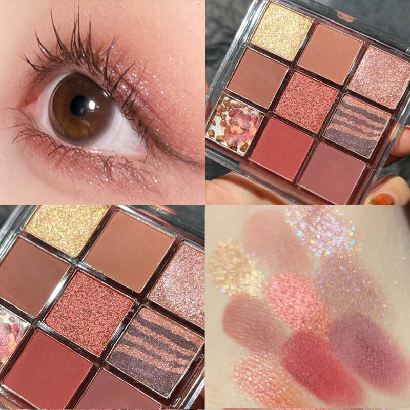 Close-up of a transparent nine-color eyeshadow palette with swatches and eye makeup showcasing vibrant shades.