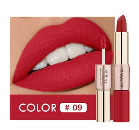 Vibrant red lip gloss and lipstick duo in color #09, showcasing long-lasting, natural effect on full lips.