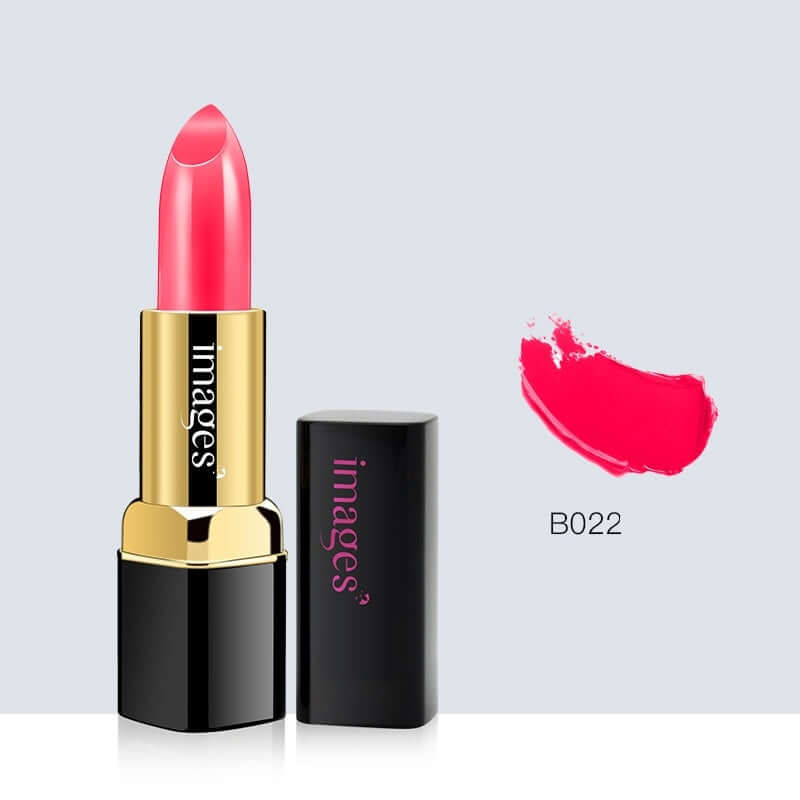 Moisturizing lipstick B022 in coral red shade with sleek black packaging and matching swatch.