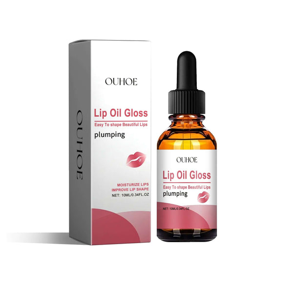OUHOE Lip Oil Gloss for hydrated, plump lips in a stylish bottle and box, featuring moisturizing ingredients.