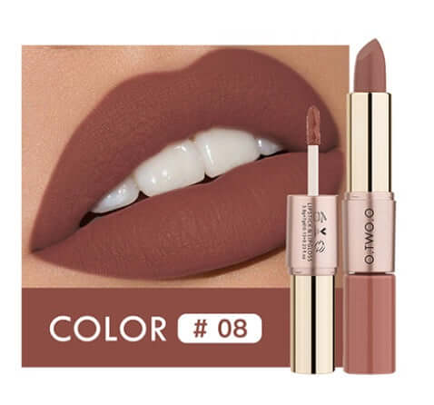 Omo Lip Gloss and Lipstick in Color #08, showcasing long-lasting natural color effect on lips.
