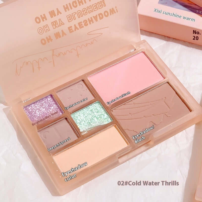 Eye shadow palette featuring 7 shades: pink, brown, and glitter with label '02#Cold Water Thrills'.