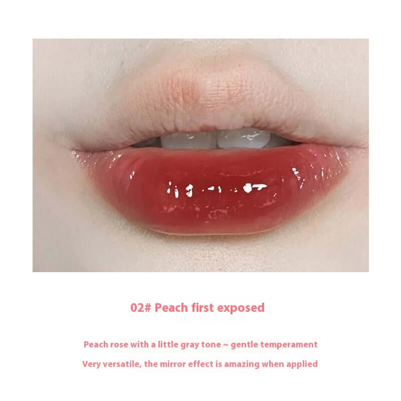 Close-up of lips wearing 02# Peach First Lip Gloss, showcasing a glossy, subtle peach hue with a mirror effect.