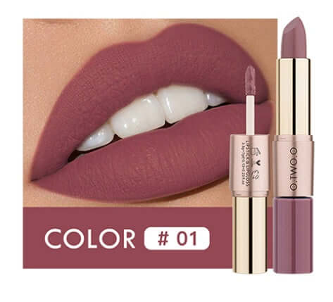 Full-size lipstick and lip gloss in color #01, showcasing a long-lasting natural finish for vibrant lips.