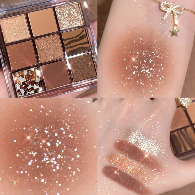 Nine-color eye shadow palette with shimmers and swatches showcasing bronzy and glittery shades.