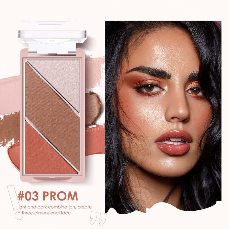 Multifunctional 3-in-1 contouring palette with blush, highlighter, and eyeshadow in shades for a three-dimensional look.