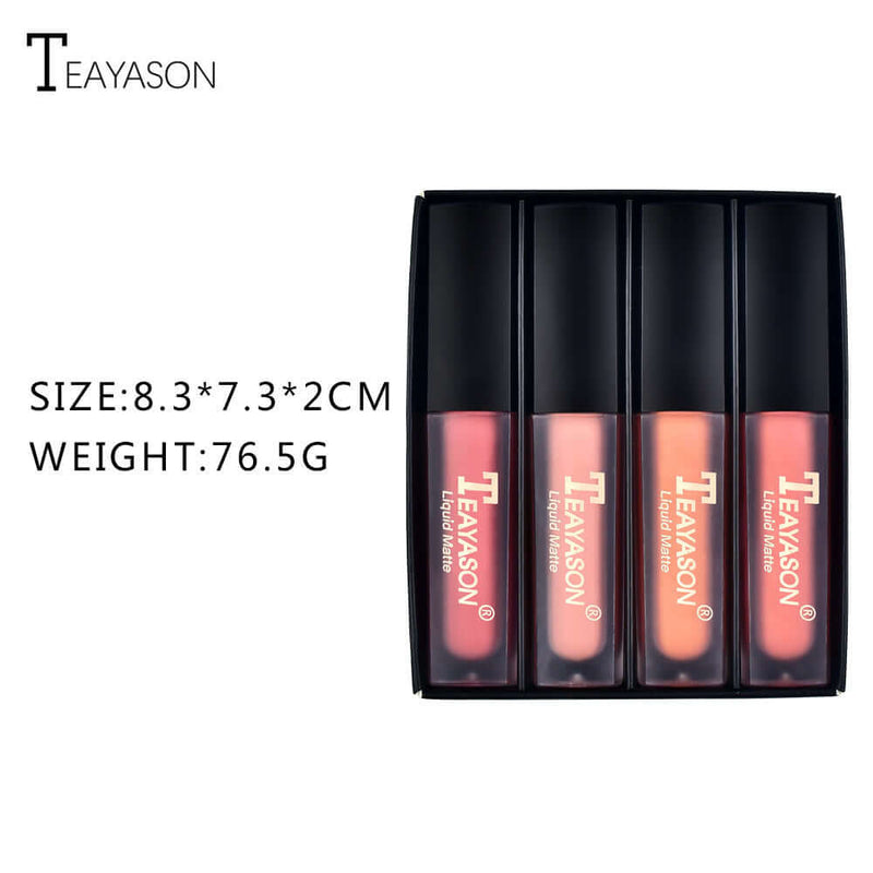 Lip gloss set of four liquid matte shades in a sleek black packaging, ideal for enhancing lips with long-lasting color.