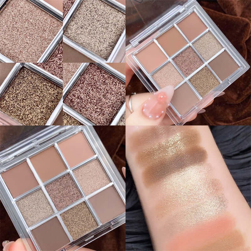 Nine-color acrylic eyeshadow palette showcasing shimmer and matte shades, including swatches on hand.