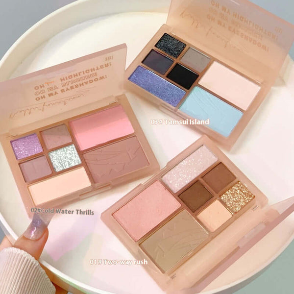 Three eye shadow palettes: Two-way Thrust, Cold Water Thrills, and Tamsui Island showcasing diverse matte and glitter shades.