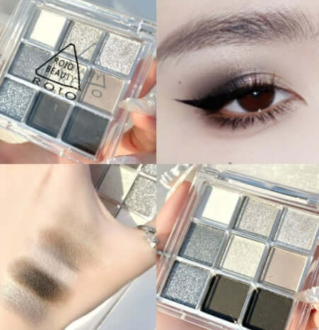 ROIO Beauty transparent eye shadow palette featuring nine metallic shades in gray and silver tones, ideal for versatile eye looks.