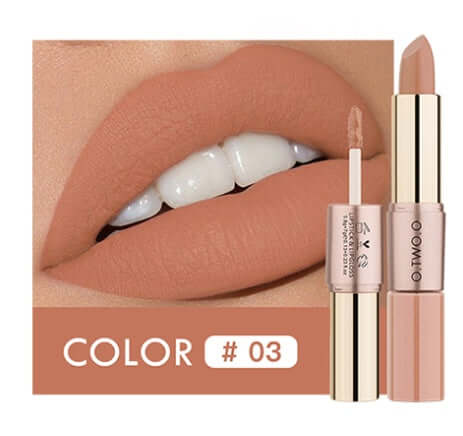 Full size lip gloss and lipstick in warm nude color #03. Long lasting, natural lip color with a smooth finish.
