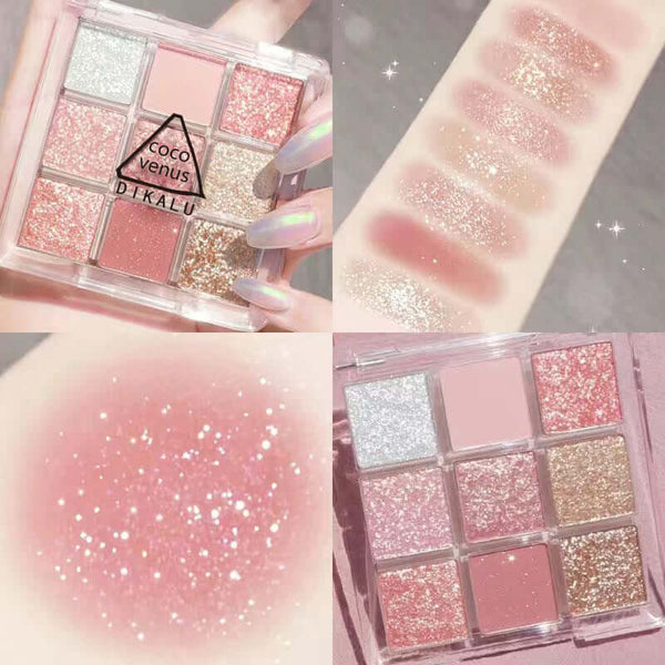 Acrylic nine-color eyeshadow palette depicting pink and glitter shades, with swatches and close-up textures.
