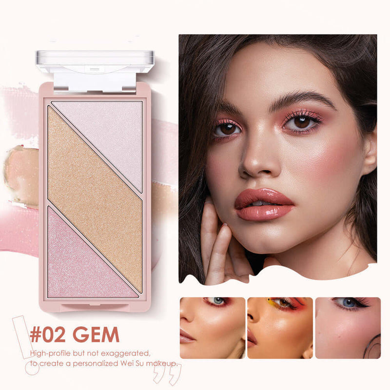 Multifunctional 3-in-1 Contouring Palette in shade #02 GEM with highlighter, blush, and eyeshadow.