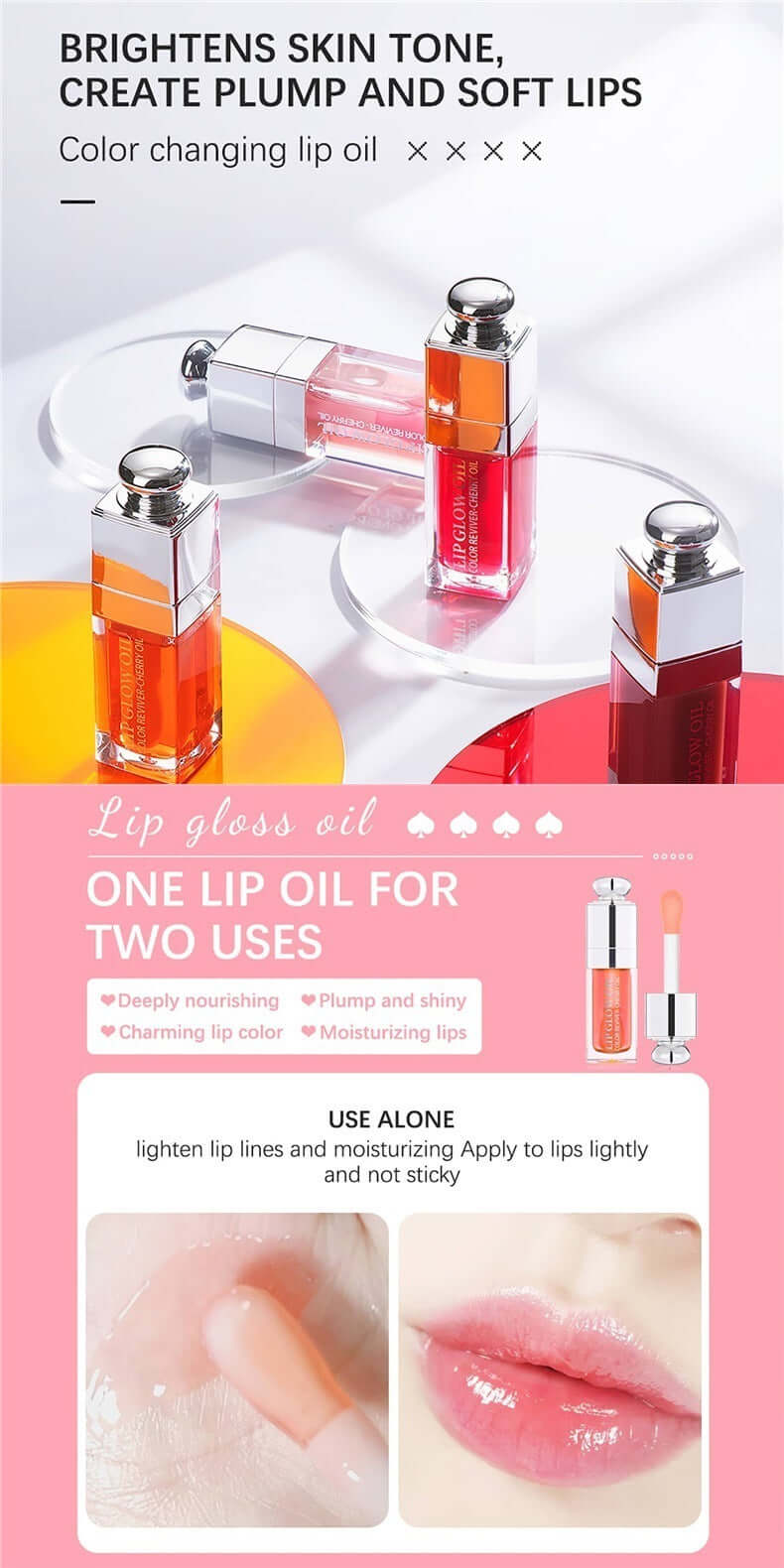Color changing lip gloss oil that brightens skin tone, moisturizes, and plumps lips for a healthy shine.