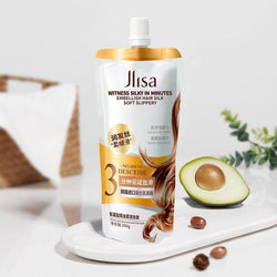 Amino Acid Hair Treatment in a sleek pouch with avocado, promoting silky, soft hair.