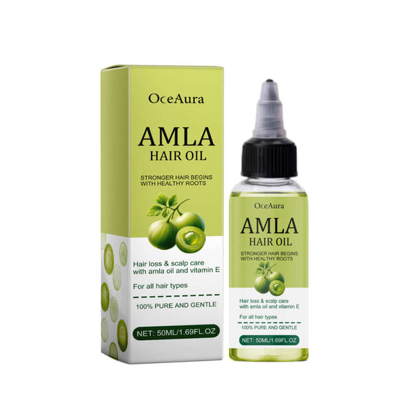 Amla Hair Oil bottle and packaging, designed for hair loss and scalp care with amla oil and vitamin E, suitable for all hair types.