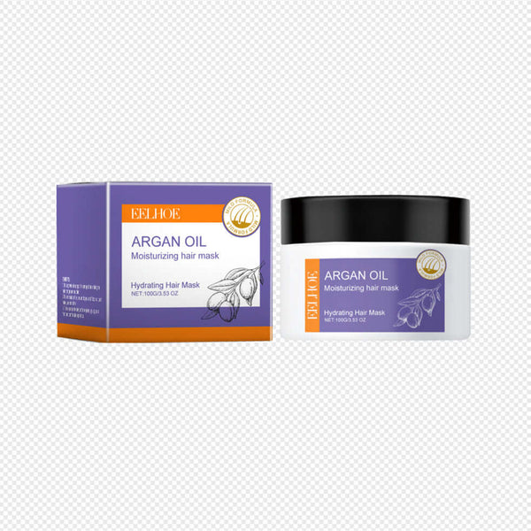 Argan oil moisturizing hair mask packaging and product jar, promoting hydration and deep conditioning for healthy hair.