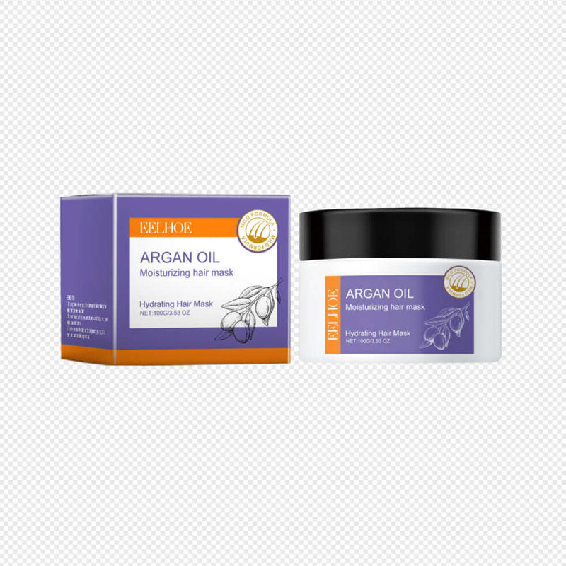 Argan oil moisturizing hair mask packaging and product jar, promoting hydration and deep conditioning for healthy hair.