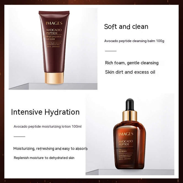 Avocado peptide skin care set featuring cleansing balm and moisturizing lotion for hydration and cleansing.