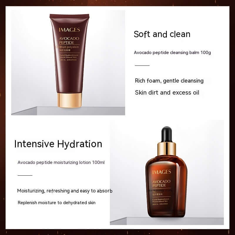 Avocado peptide skin care set featuring cleansing balm and moisturizing lotion for hydration and cleansing.