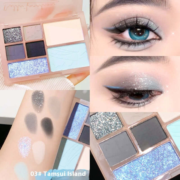 Seven-color matte and glittering eye shadow palette, swatches and eye look showcasing Tamsui Island shades.