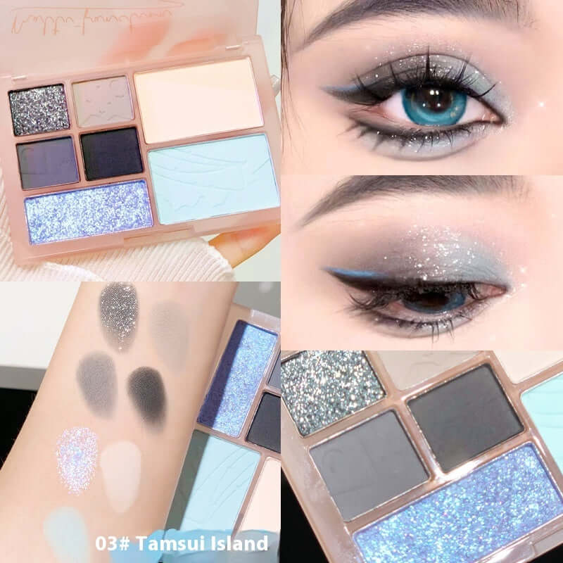 Seven-color matte and glittering eye shadow palette, swatches and eye look showcasing Tamsui Island shades.