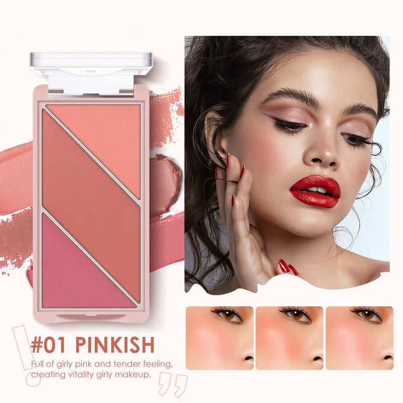 Multifunctional 3-in-1 makeup palette featuring pinkish blush, eyeshadow, and highlighter for vibrant girly makeup.