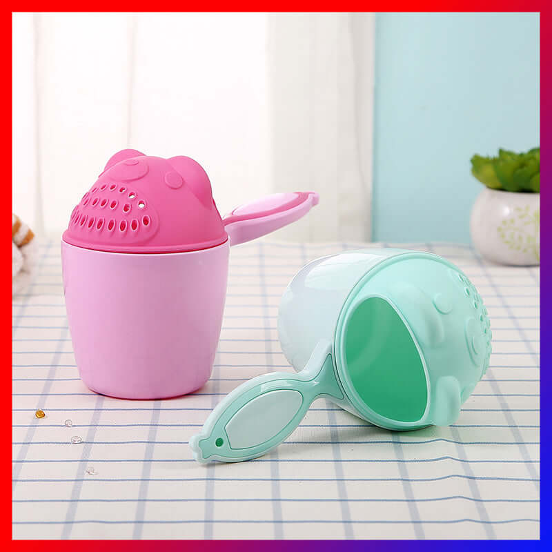 Baby shampoo cup set in pink and light green colors, designed for babies 6 months and older, made of durable PP material.