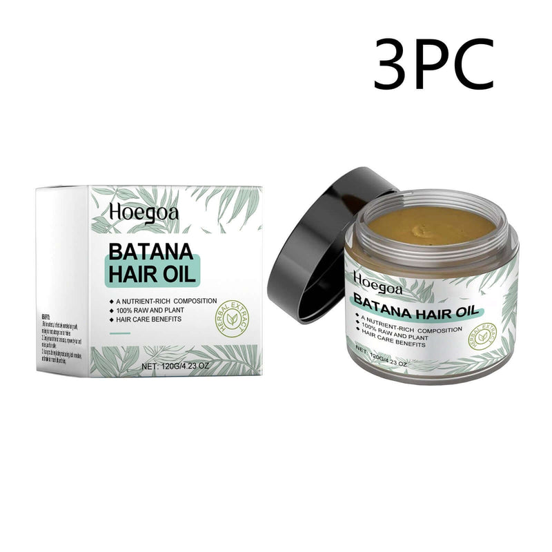 Moisturizing Batana Hair Oil by Hoegoa in jar and box, promoting healthy hair with nutrient-rich plant ingredients.