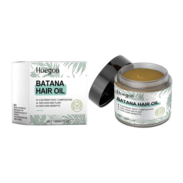 Hoegoa Batana Hair Oil in a jar and packaging, highlighting its plant-based composition and hair care benefits.