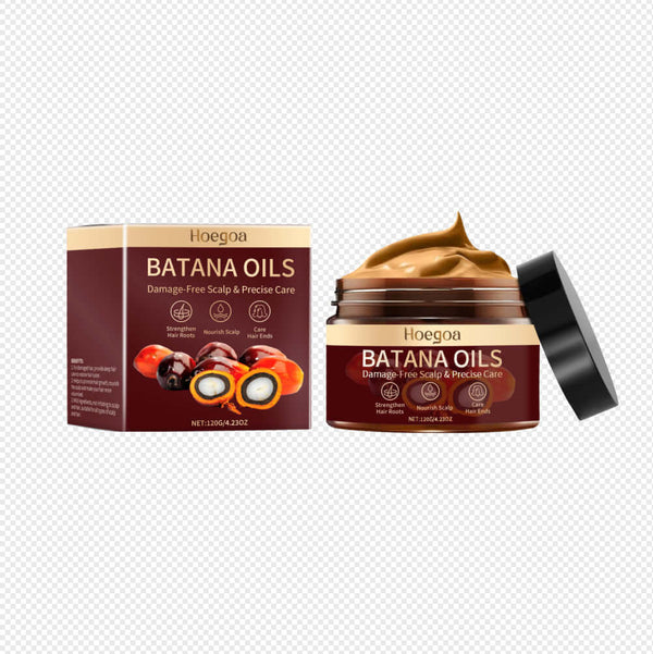 Hoegoa Batana Oil for hair in a jar, promoting damage-free scalp and precise care, with packaging box.