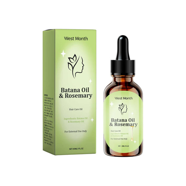 Bottle of Batana Oil & Rosemary for hair care, with green packaging, featuring a dropper for easy application.