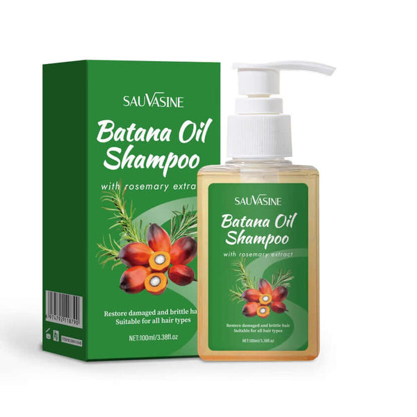 Batana Oil Shampoo with rosemary extract for moisturizing and nourishing all hair types, suitable for damaged hair.