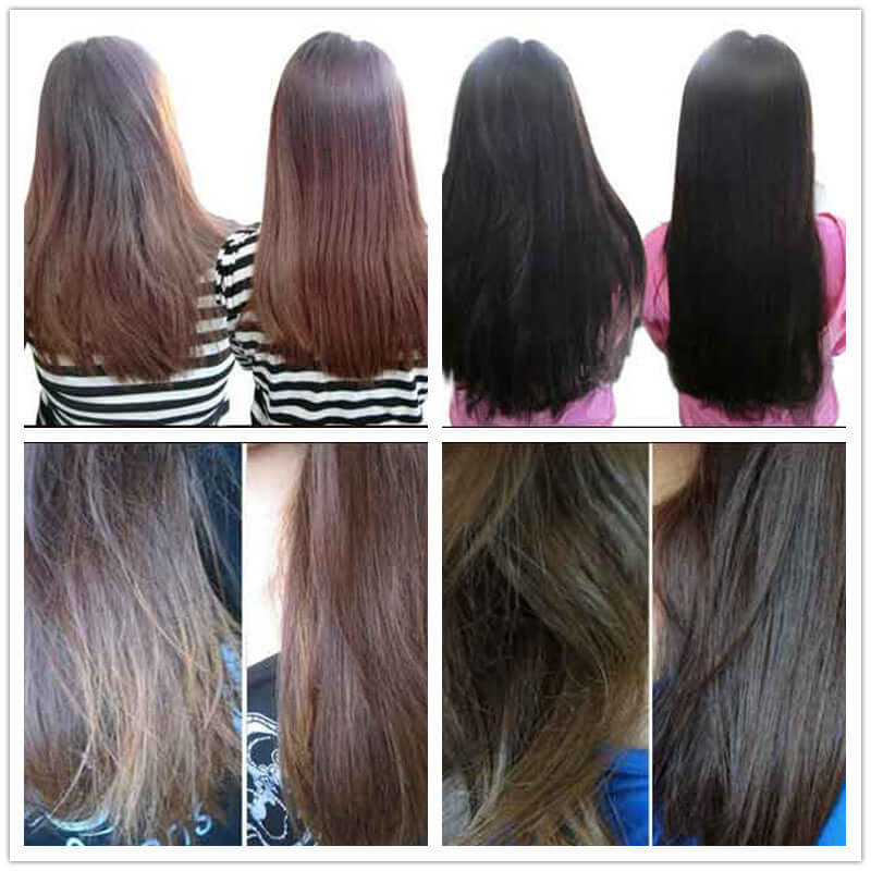 Before and after results of Moroccan hair oil treatment showcasing shiny and healthy hair.