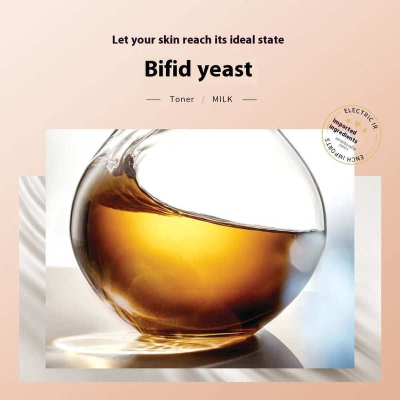 Bifid yeast toner and milk in a glass container, promoting hydration and skin health.