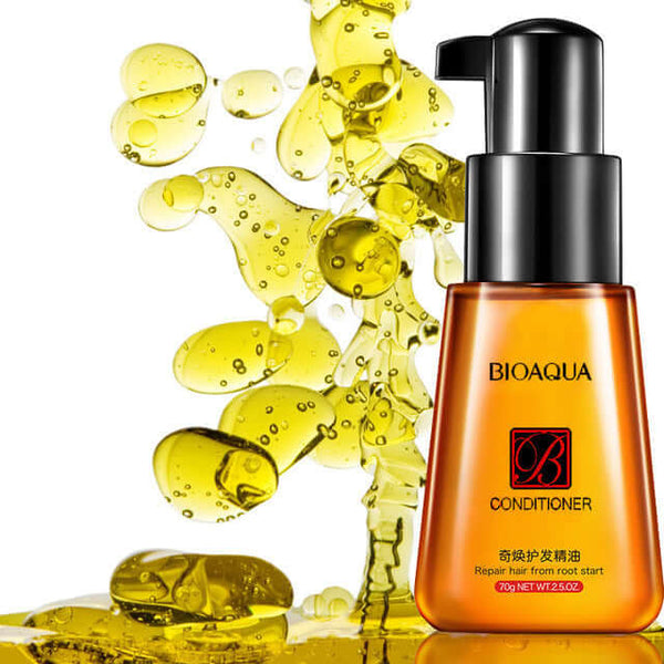 BioAqua hair conditioner oil in a pump bottle with golden oil droplets, designed for hair repair and nourishment.