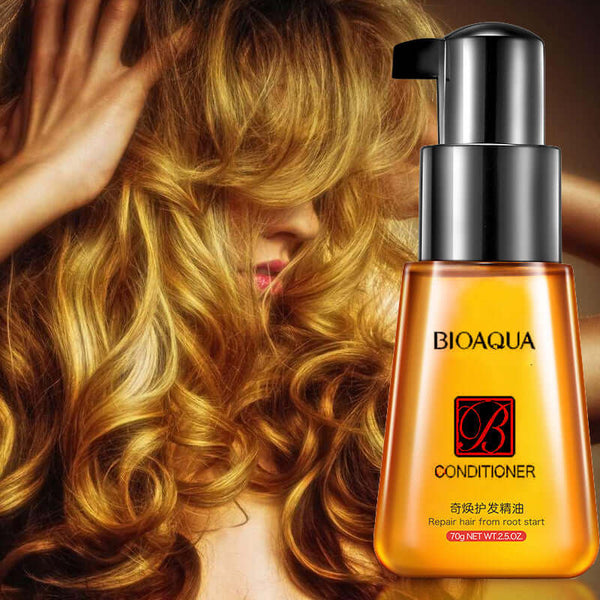 BioAqua Conditioner bottle with curly hair in background, promoting hair repair and shine.