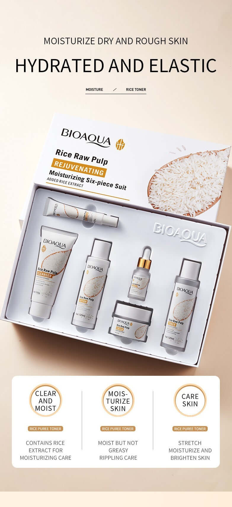 Puree Skin Rejuvenation six-piece moisturizing skin care set for dry, rough skin, included facial cleanser, toner, and cream.
