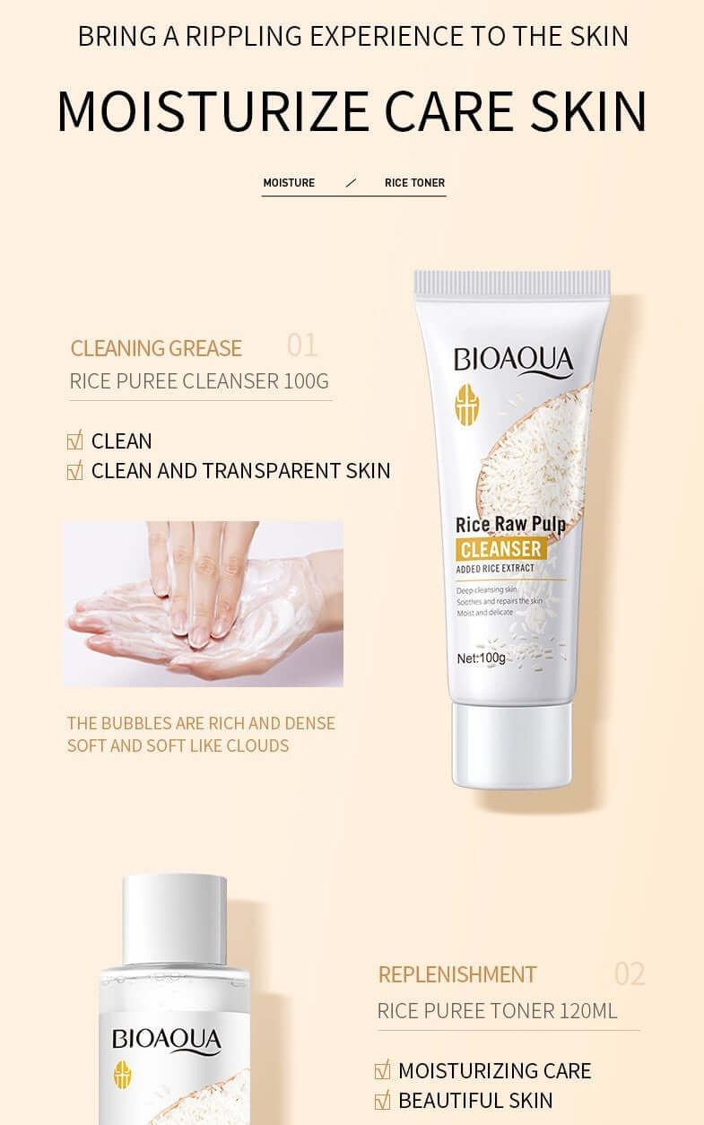 BIOAQUA Rice Puree Cleanser and Rice Pure Toner for moisturizing and rejuvenating skin care.