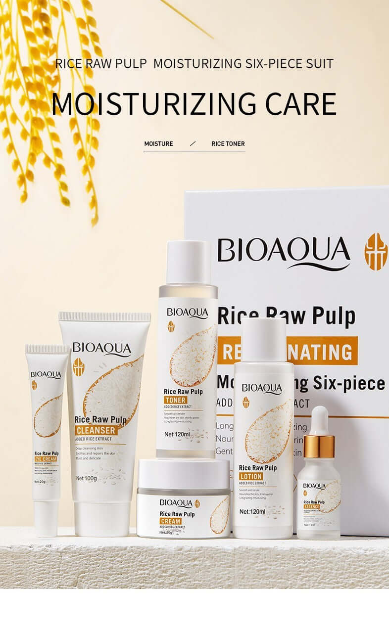 BIOAqua Rice Raw Pulp six-piece moisturizing skin care set displayed with products including cleanser, toner, and face cream.