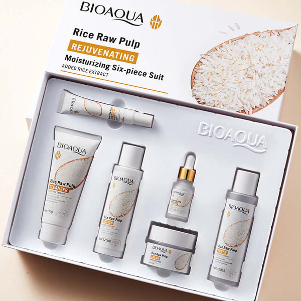 BioAqua Rice Raw Pulp Rejuvenating Six-piece Set with cleanser, essence, eye cream, toner, essence milk, and face cream.
