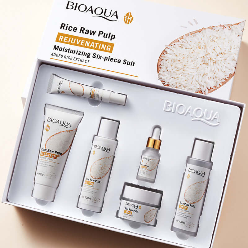 BioAqua Rice Raw Pulp Rejuvenating Six-piece Skin Care Set with cleanser, toner, cream, and serum.